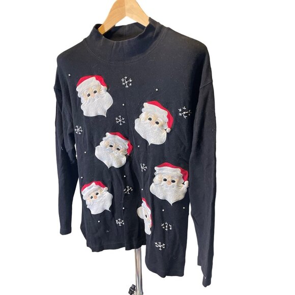 Bechamel Black Mock Neck Santa Embroidered Pullover Top Sz XL - Picture 3 of 8